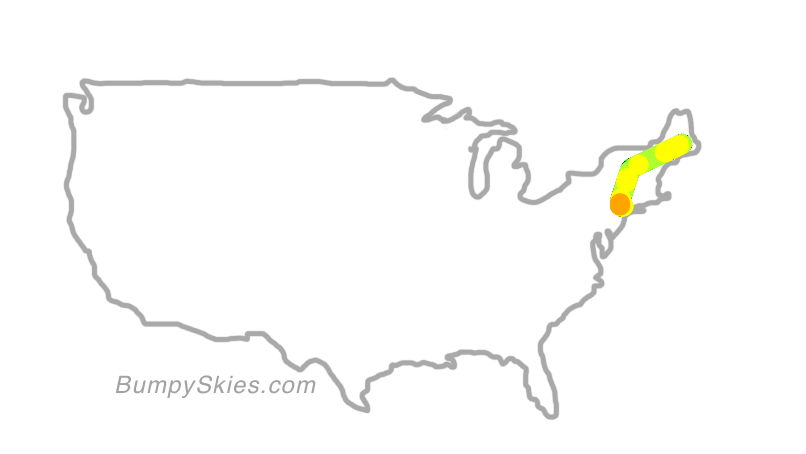 Map of continental US with illustrated flight path and turbulence forecast (described in text below)