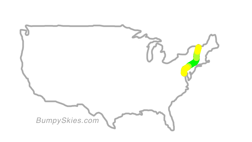 Map of continental US with illustrated flight path and turbulence forecast (described in text below)
