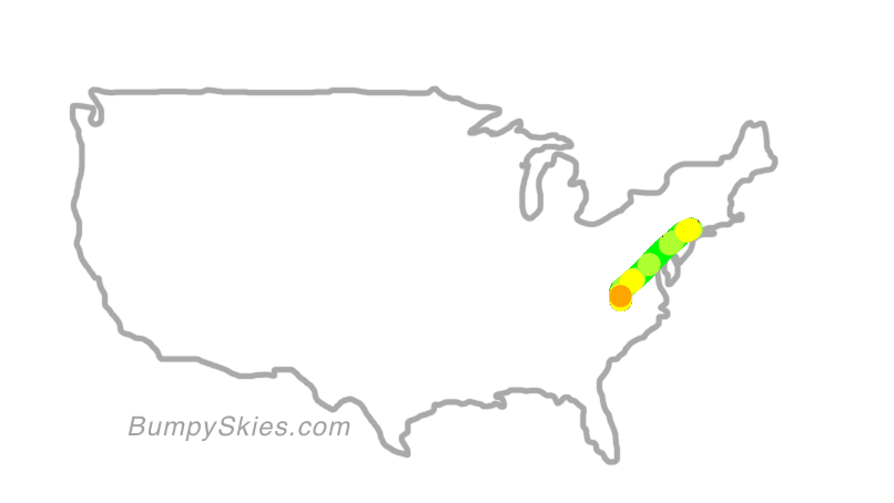 Map of continental US with illustrated flight path and turbulence forecast (described in text below)