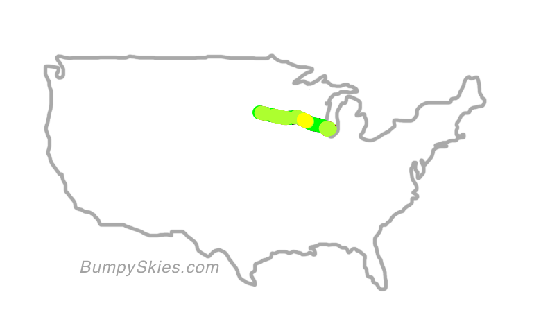 Map of continental US with illustrated flight path and turbulence forecast (described in text below)
