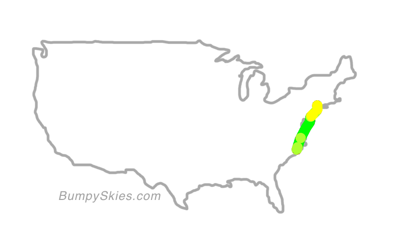 Map of continental US with illustrated flight path and turbulence forecast (described in text below)