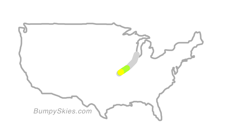 Map of continental US with illustrated flight path and turbulence forecast (described in text below)