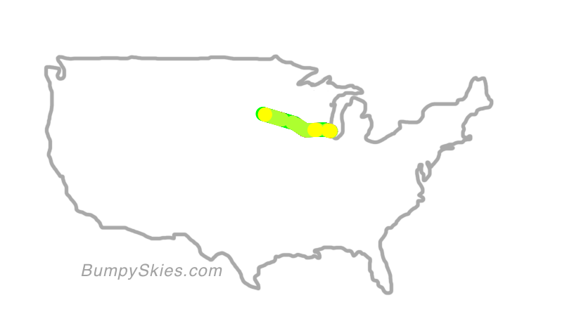 Map of continental US with illustrated flight path and turbulence forecast (described in text below)