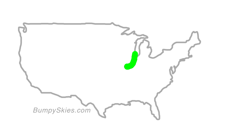 Map of continental US with illustrated flight path and turbulence forecast (described in text below)