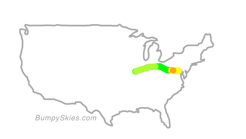 Map of continental US with illustrated flight path and turbulence forecast (described in text below)