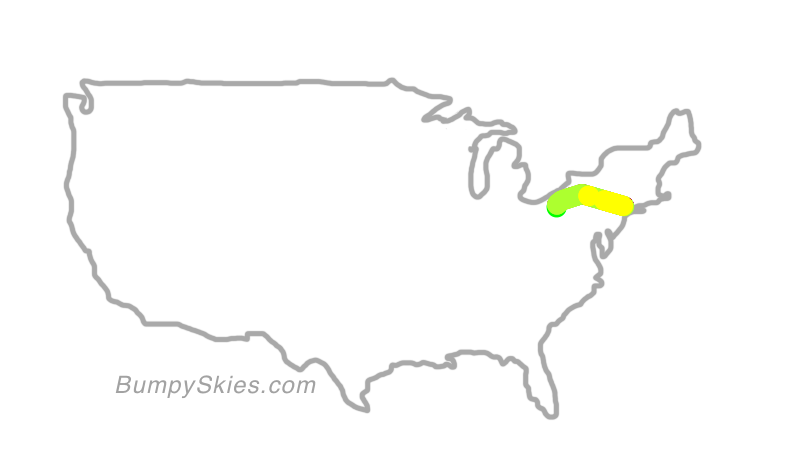 Map of continental US with illustrated flight path and turbulence forecast (described in text below)