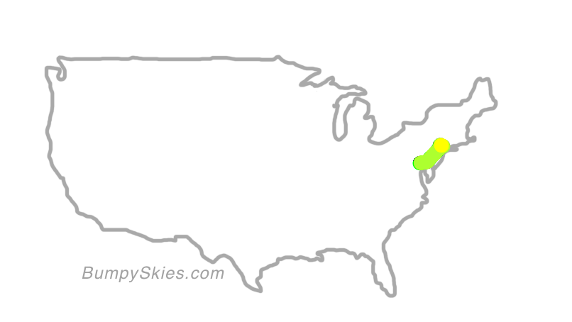 Map of continental US with illustrated flight path and turbulence forecast (described in text below)