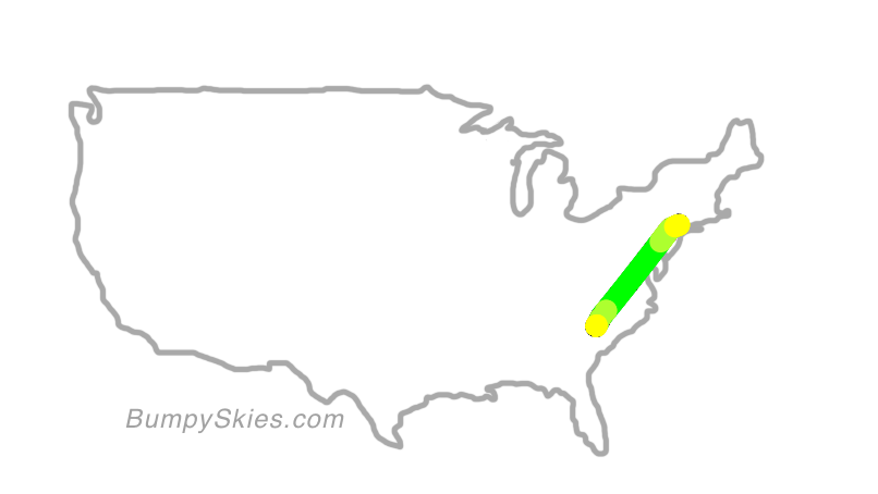 Map of continental US with illustrated flight path and turbulence forecast (described in text below)