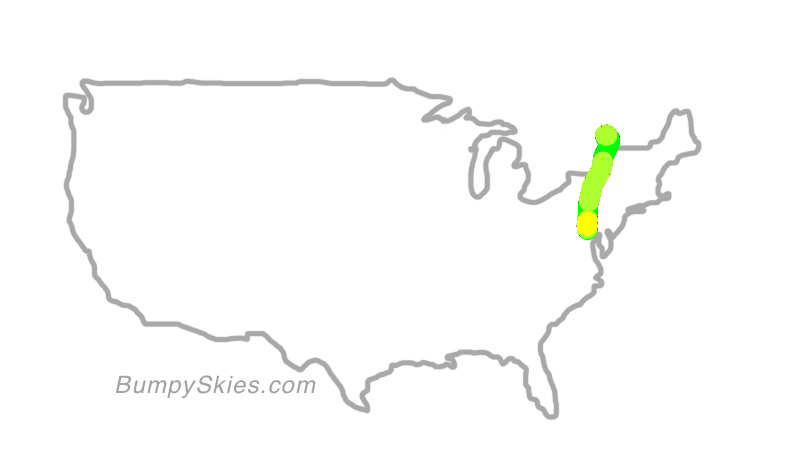 Map of continental US with illustrated flight path and turbulence forecast (described in text below)