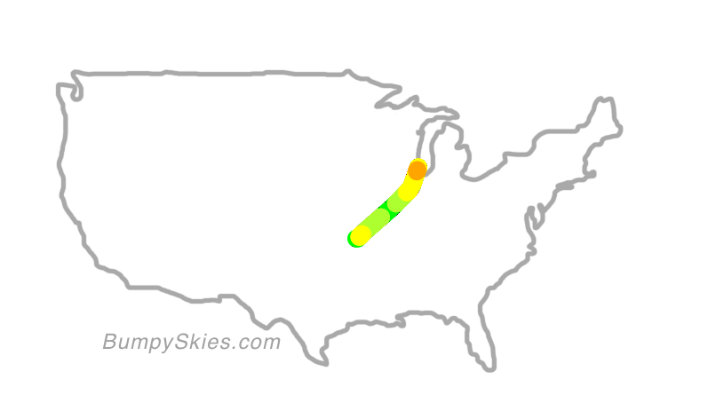 Map of continental US with illustrated flight path and turbulence forecast (described in text below)