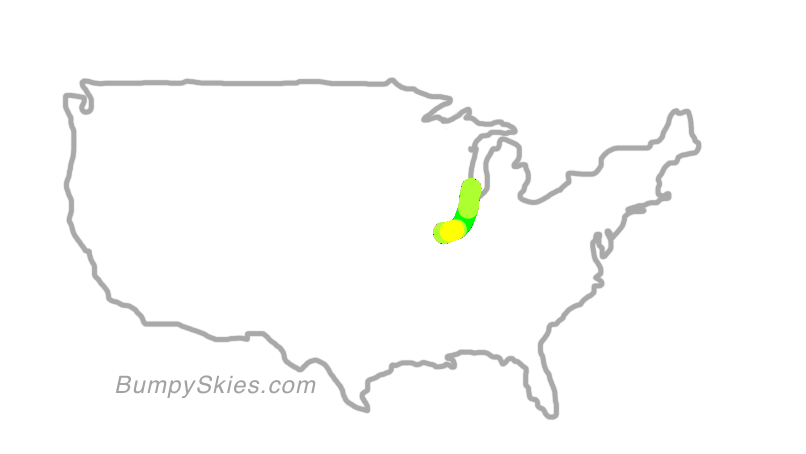 Map of continental US with illustrated flight path and turbulence forecast (described in text below)