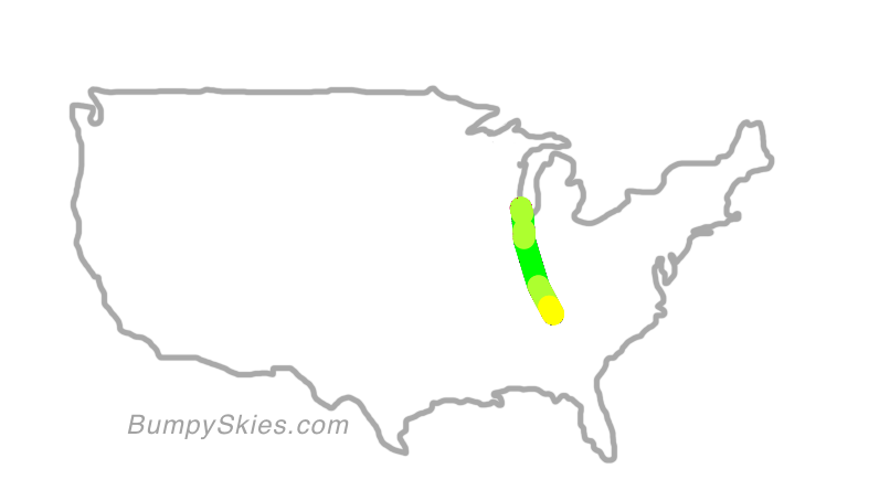 Map of continental US with illustrated flight path and turbulence forecast (described in text below)