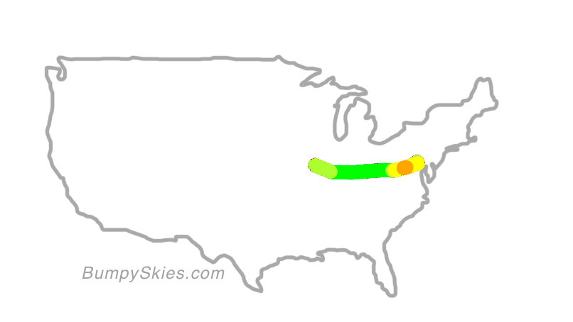 Map of continental US with illustrated flight path and turbulence forecast (described in text below)