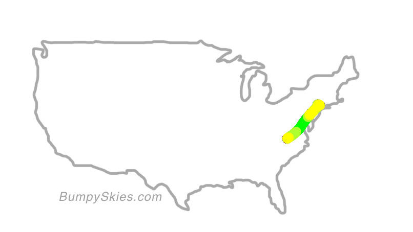 Map of continental US with illustrated flight path and turbulence forecast (described in text below)