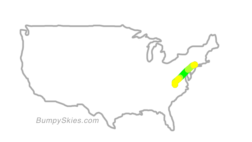 Map of continental US with illustrated flight path and turbulence forecast (described in text below)