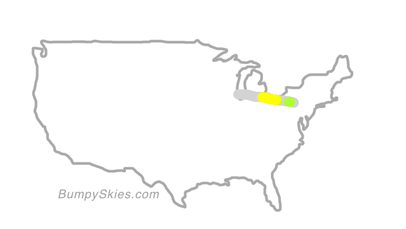 Map of continental US with illustrated flight path and turbulence forecast (described in text below)
