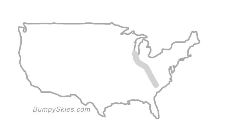 Map of continental US with illustrated flight path and turbulence forecast (described in text below)