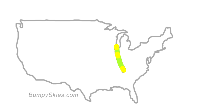 Map of continental US with illustrated flight path and turbulence forecast (described in text below)