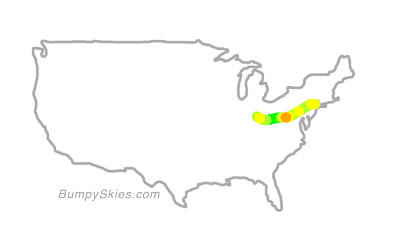 Map of continental US with illustrated flight path and turbulence forecast (described in text below)