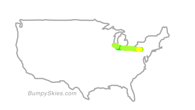 Map of continental US with illustrated flight path and turbulence forecast (described in text below)