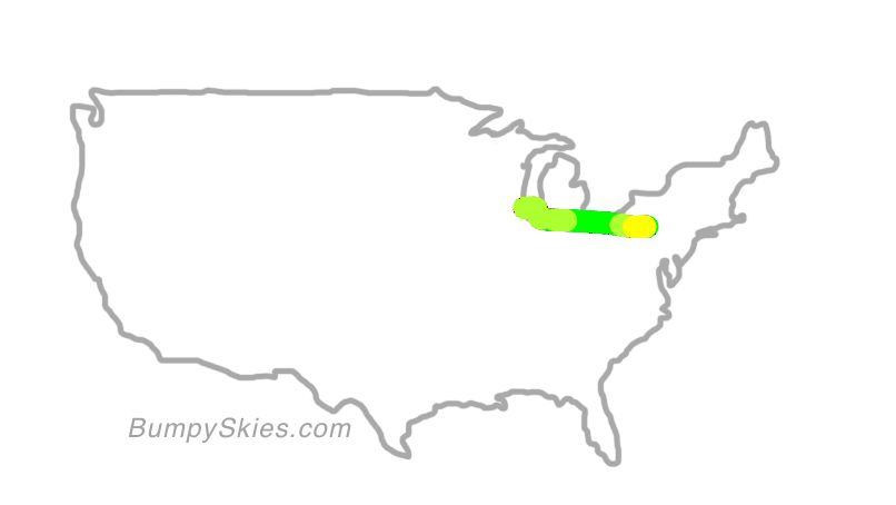 Map of continental US with illustrated flight path and turbulence forecast (described in text below)