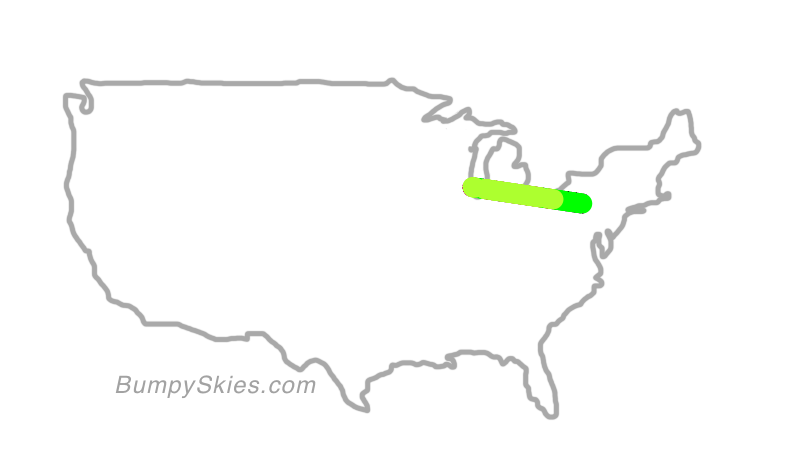 Map of continental US with illustrated flight path and turbulence forecast (described in text below)