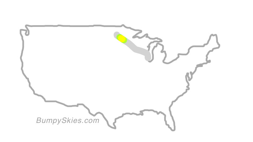 Map of continental US with illustrated flight path and turbulence forecast (described in text below)