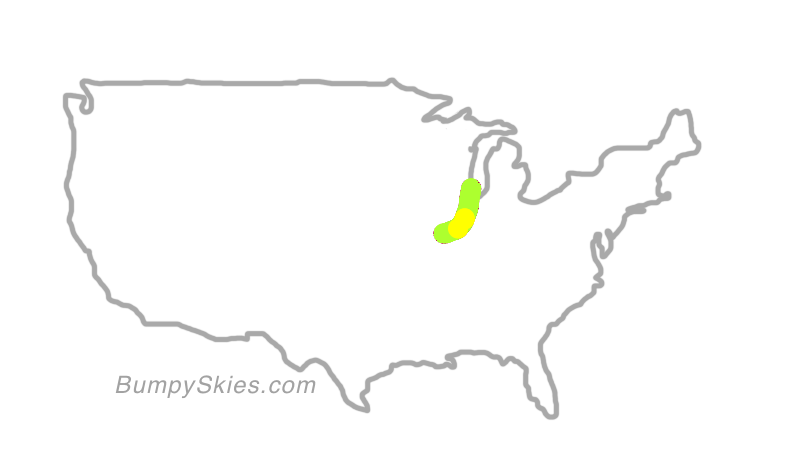 Map of continental US with illustrated flight path and turbulence forecast (described in text below)