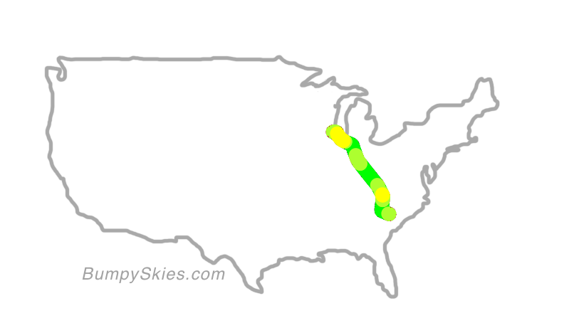 Map of continental US with illustrated flight path and turbulence forecast (described in text below)