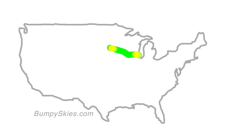 Map of continental US with illustrated flight path and turbulence forecast (described in text below)