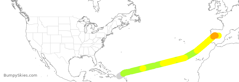 Turbulence forecast map for IBE0036, SJU to MAD