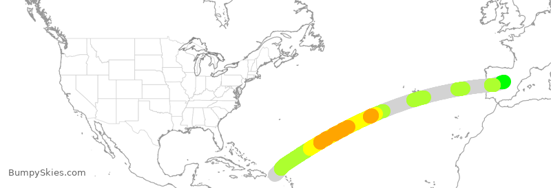 Turbulence forecast map for IBE0380, SJU to MAD