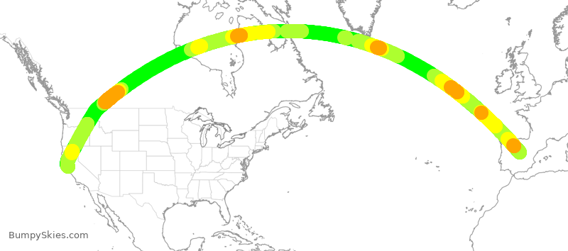 Turbulence forecast map for IBE355, MAD to SFO