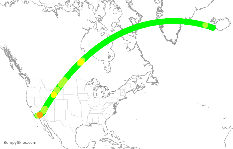 Turbulence forecast map for ICE1442, KEF to LAX