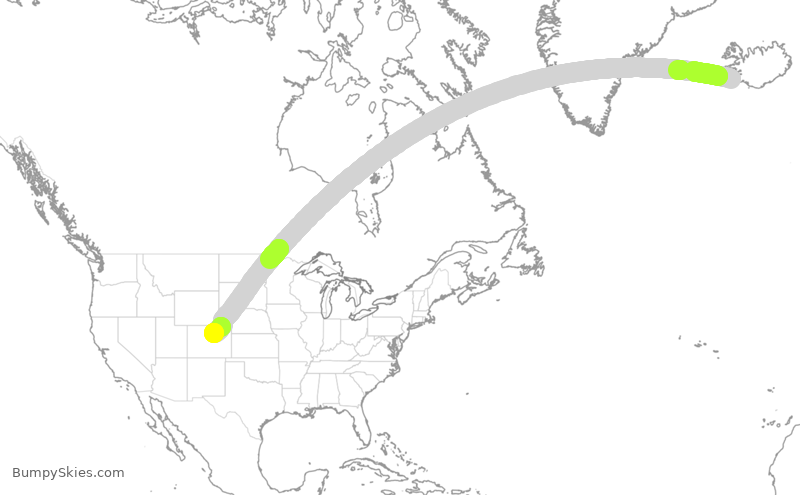 Turbulence forecast map for ICE671, KEF to DEN