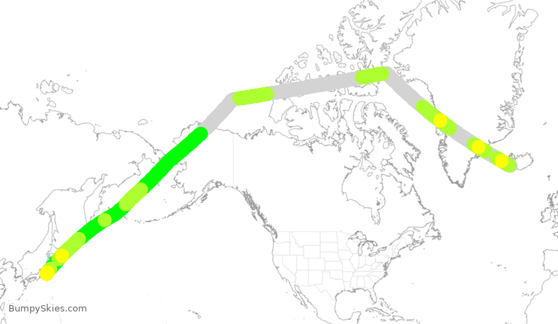 Turbulence forecast map for JAL8190, KEF to HND