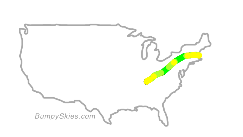 Map of continental US with illustrated flight path and turbulence forecast (described in text below)