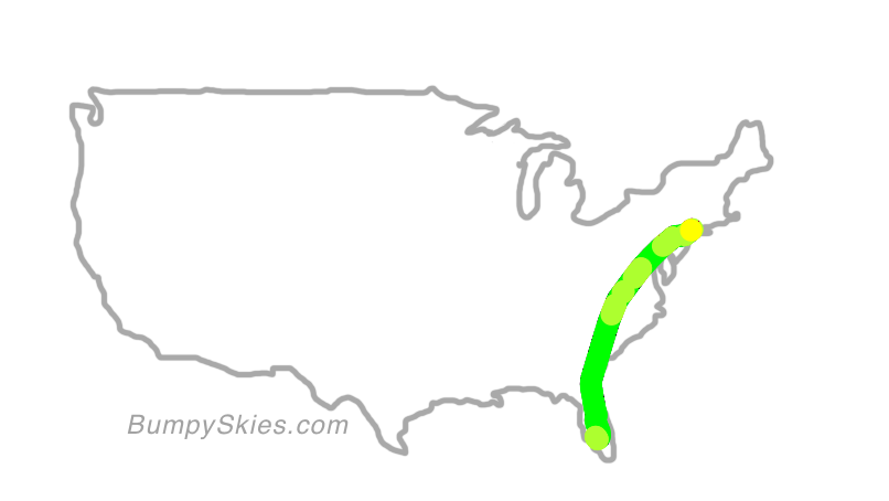 Map of continental US with illustrated flight path and turbulence forecast (described in text below)