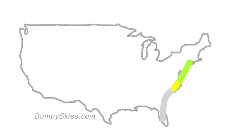 Map of continental US with illustrated flight path and turbulence forecast (described in text below)