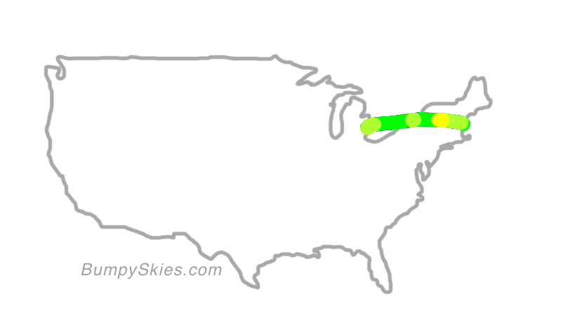 Map of continental US with illustrated flight path and turbulence forecast (described in text below)