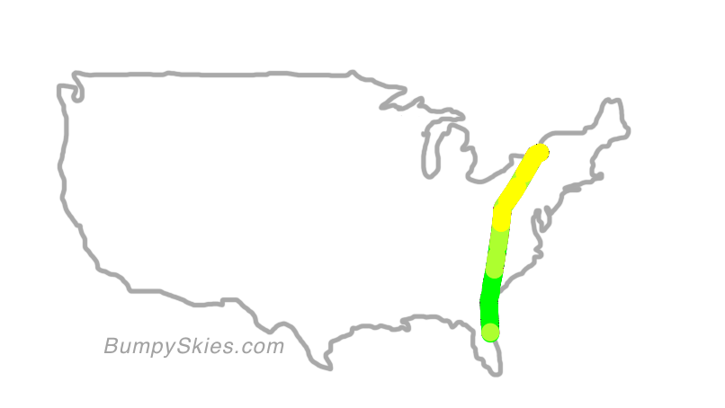 Map of continental US with illustrated flight path and turbulence forecast (described in text below)