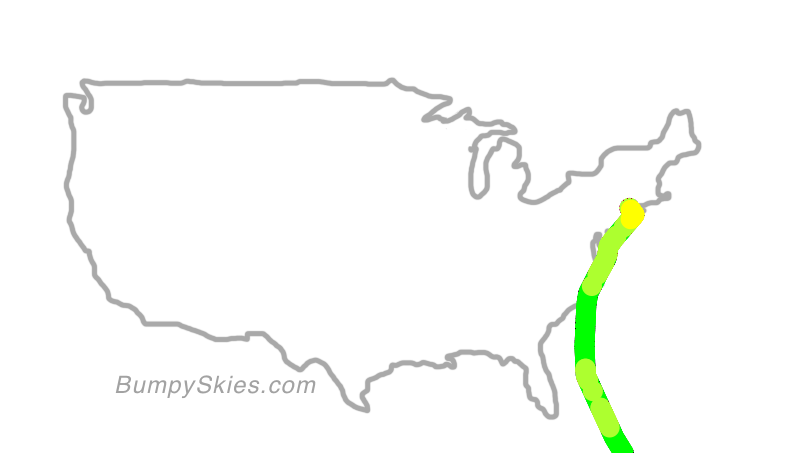Map of continental US with illustrated flight path and turbulence forecast (described in text below)