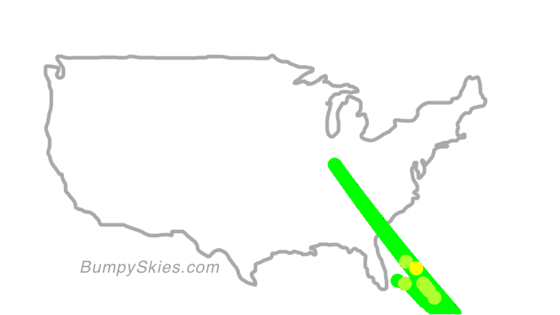 Map of continental US with illustrated flight path and turbulence forecast (described in text below)