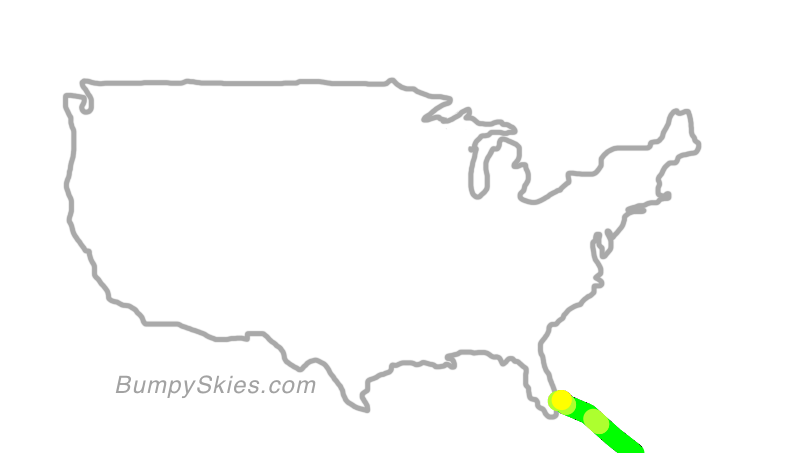Map of continental US with illustrated flight path and turbulence forecast (described in text below)