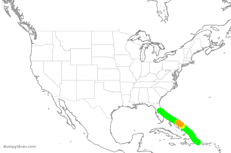 Turbulence forecast map for JBU1077, MCO to PUJ