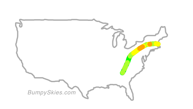Map of continental US with illustrated flight path and turbulence forecast (described in text below)