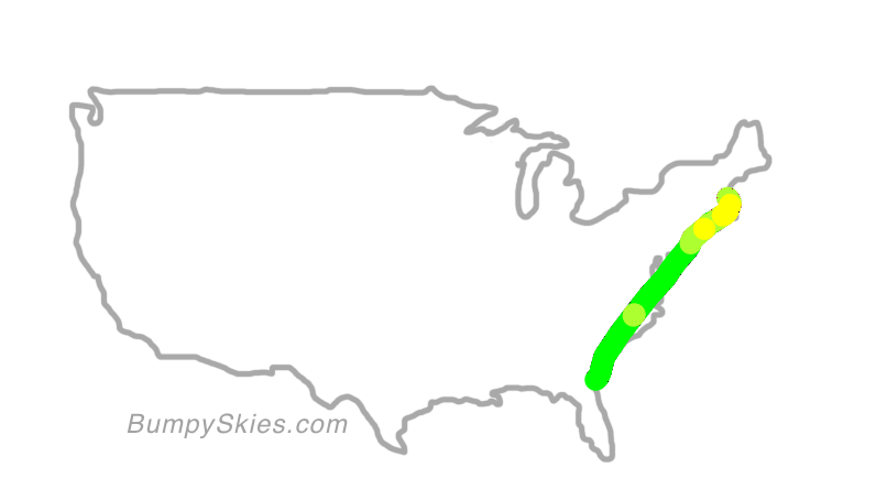 Map of continental US with illustrated flight path and turbulence forecast (described in text below)