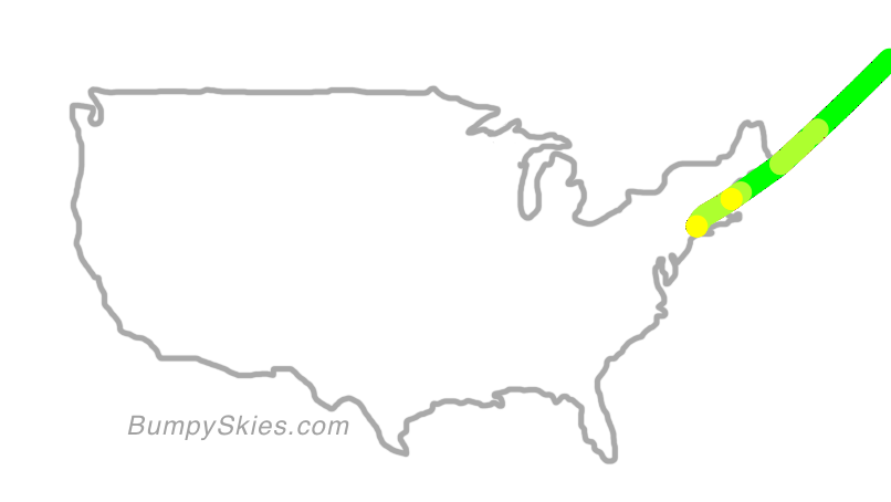 Map of continental US with illustrated flight path and turbulence forecast (described in text below)