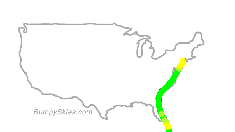 Map of continental US with illustrated flight path and turbulence forecast (described in text below)