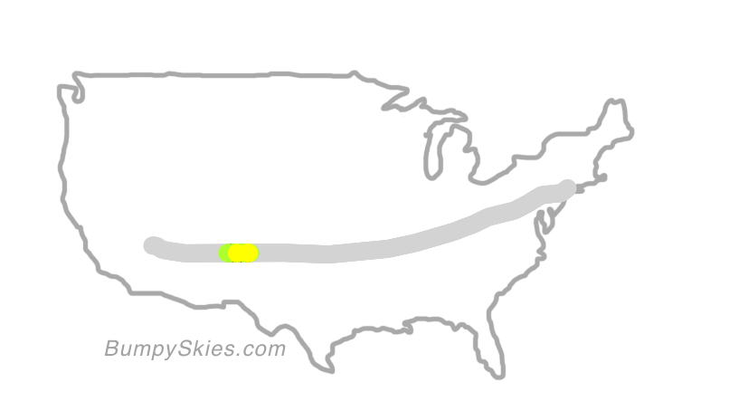 Map of continental US with illustrated flight path and turbulence forecast (described in text below)